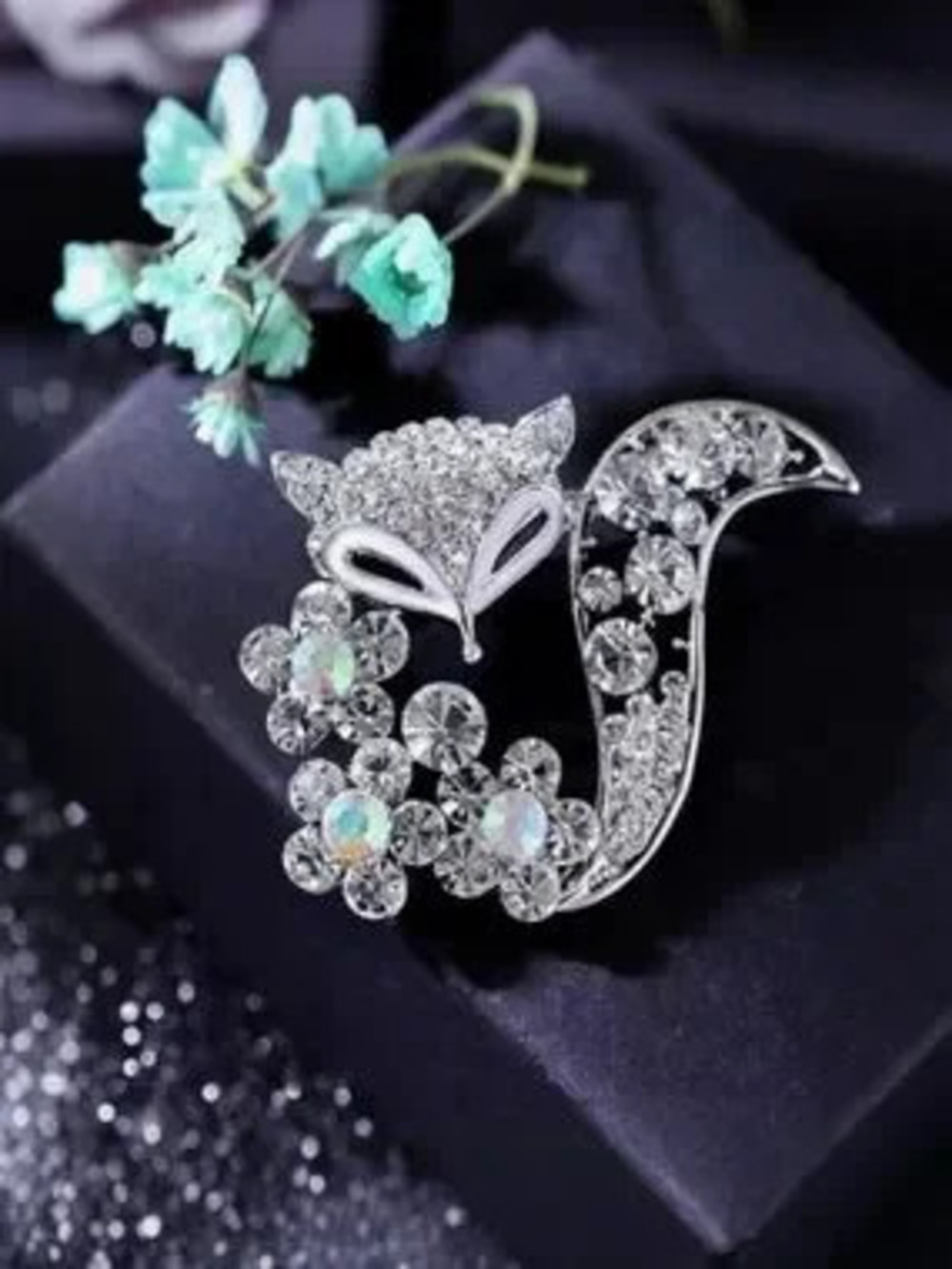 Anthropologie Silver Crystal Fox Brooch with Aurora Flowers